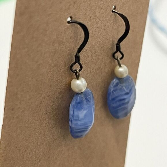 Sky Blue Stone Dangle Hook Earrings With Pearl Bead - Picture 2 of 3